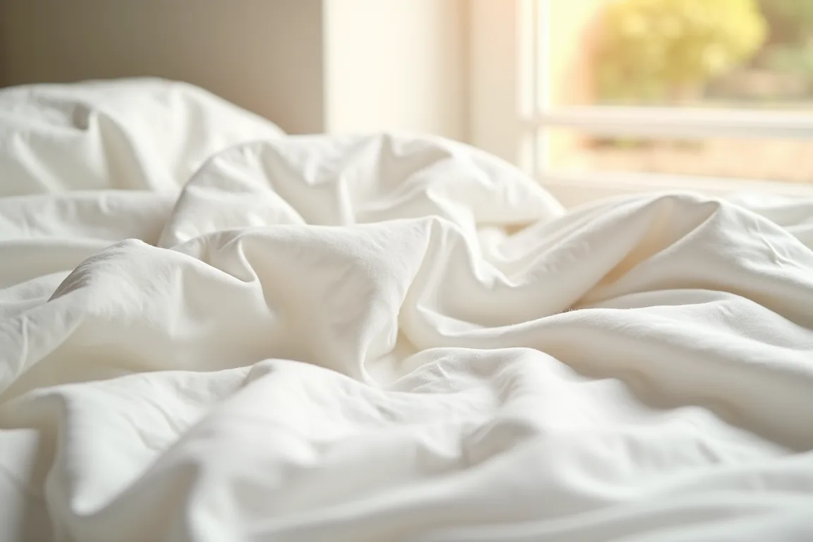 Soft white bedding crumpled in bright morning light