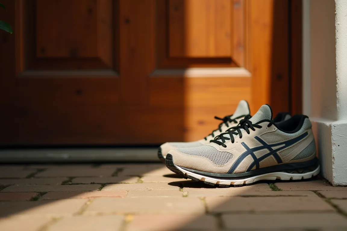 A pair of running shoes waiting by a wooden door in warm light