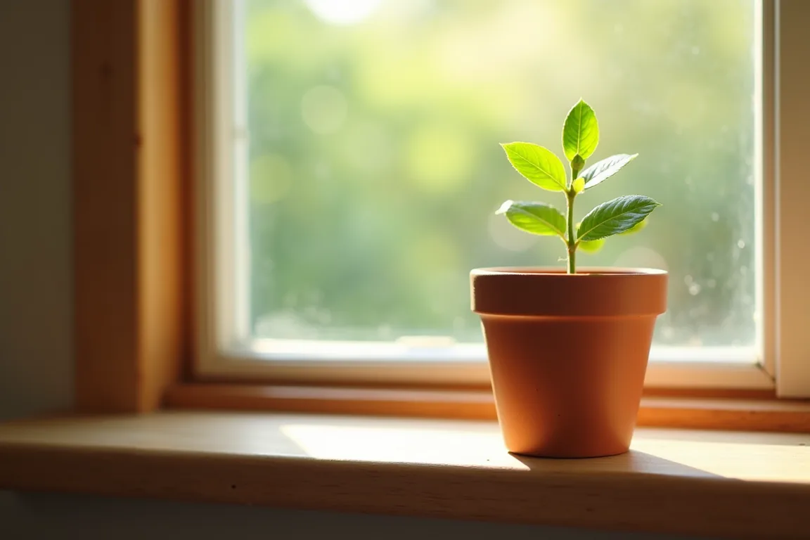 A small green seedling in a terracotta pot on a sunlit windowsill
