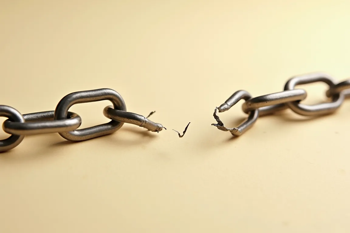 A metal chain on a pale background, broken clean through in the middle