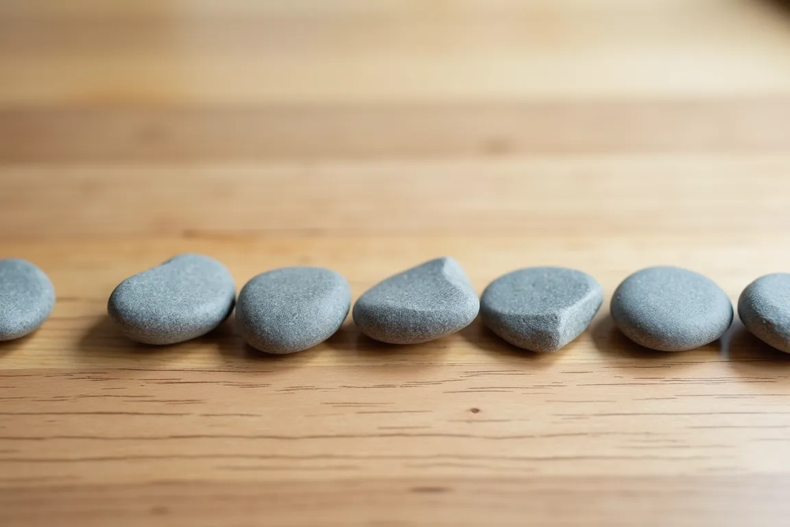 A line of smooth gray pebbles resting on a wooden surface