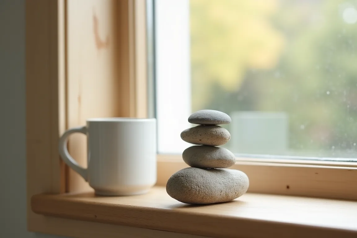 A small stack of smooth stones balanced on a windowsill beside a mug