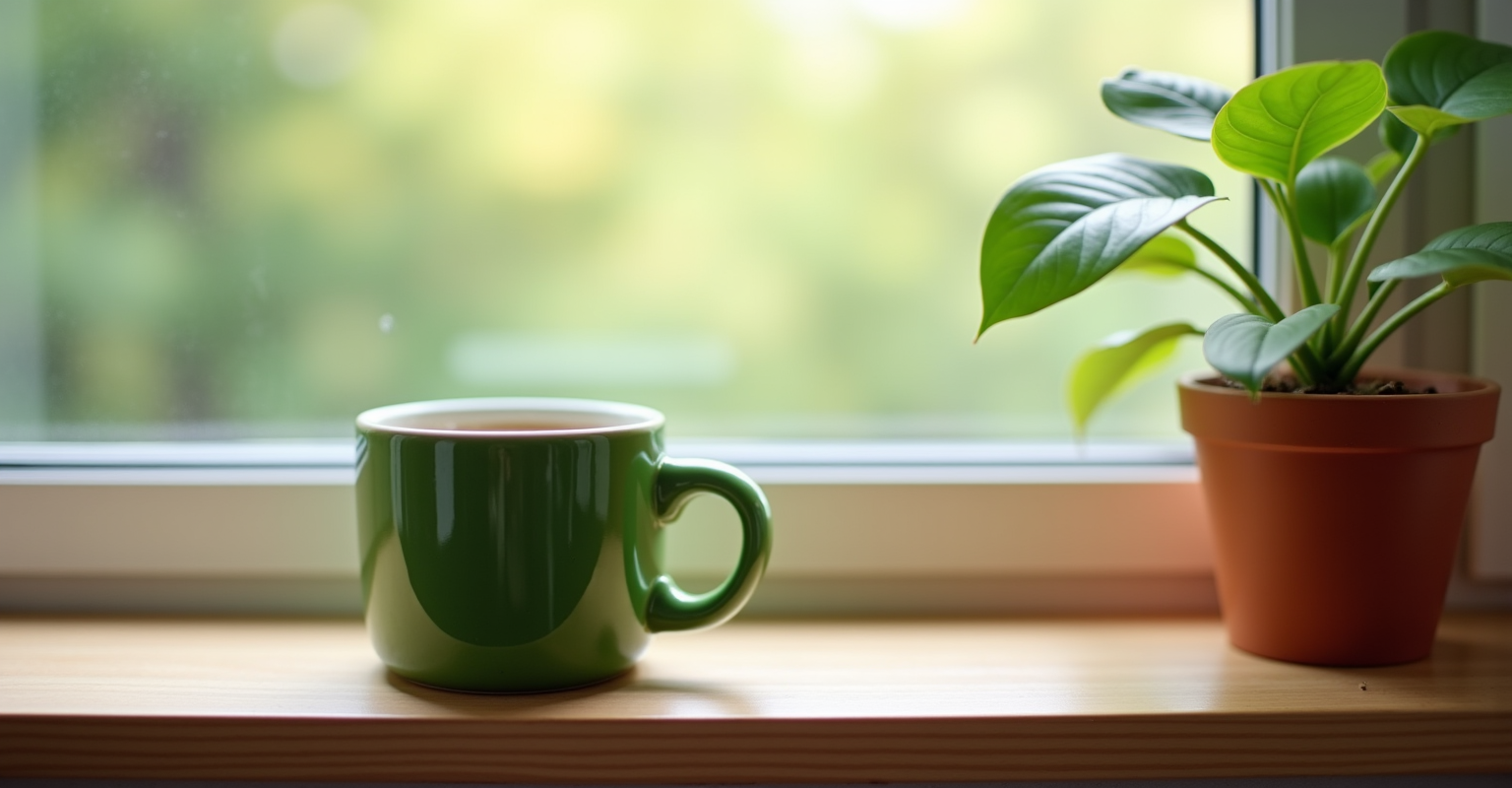 A green mug of coffee on a sunlit windowsill beside a leafy potted plant