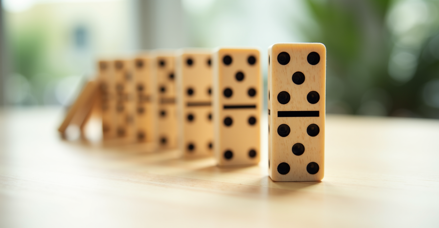 A row of wooden dominoes standing on a light wooden table in bright daylight